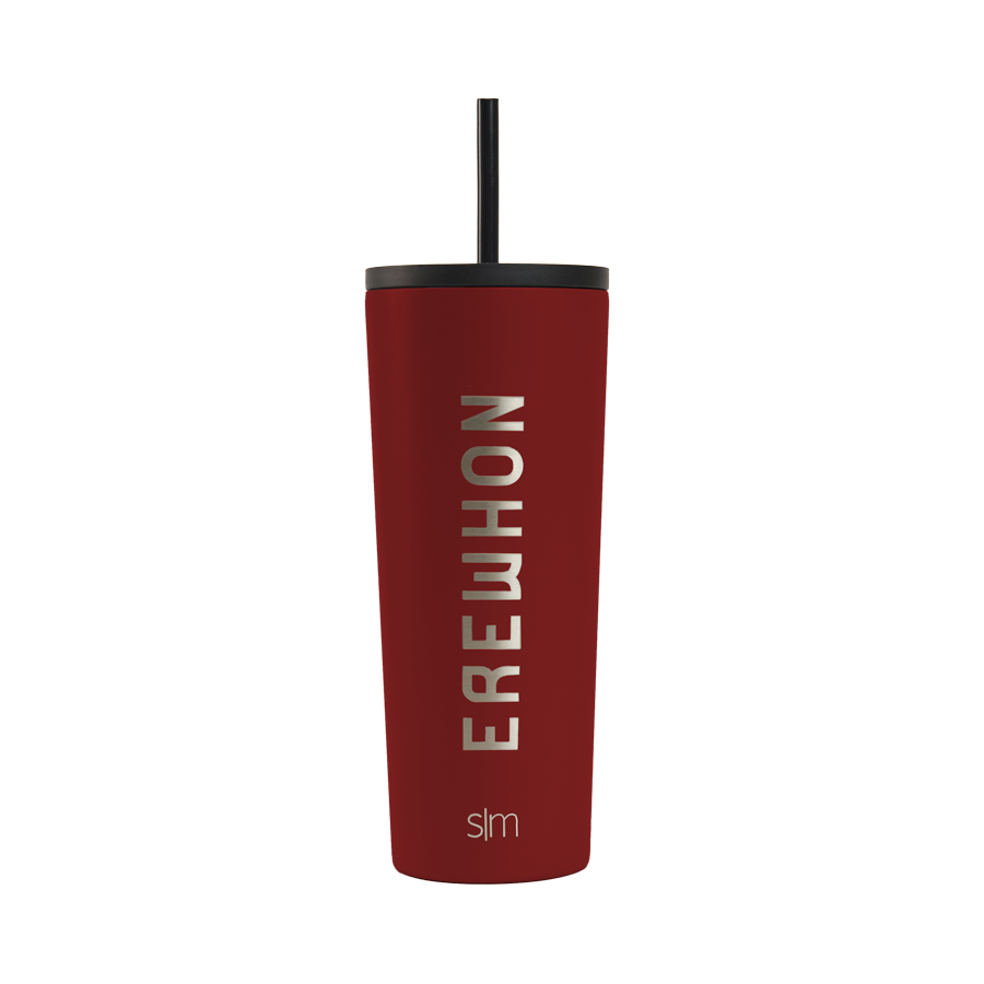 Erewhon 24 oz insulated cherry red tumbler with double-wall stainless steel design, suitable for hot and cold beverages, displayed on a neutral background
