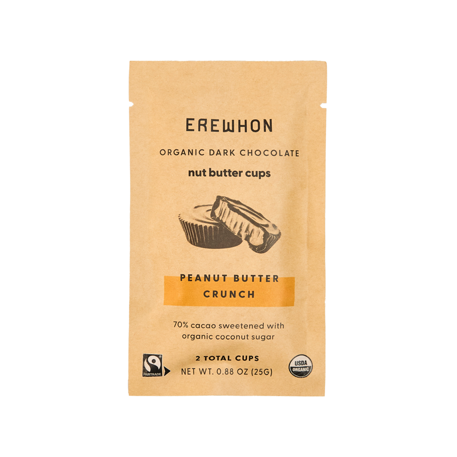 Organic Erewhon Peanut Butter Crunch Cups with dark chocolate and cacao nibs.