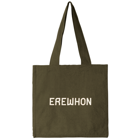 Erewhon army green cotton canvas shopper tote bag with white logo