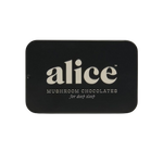 Alice Adaptogenic Nightcap 2.7 oz, emphasizing its functional ingredients like Reishi mushrooms, Chamomile, L-Theanine, magnesium, and zinc, all infused in organic dark chocolate to enhance sleep quality
