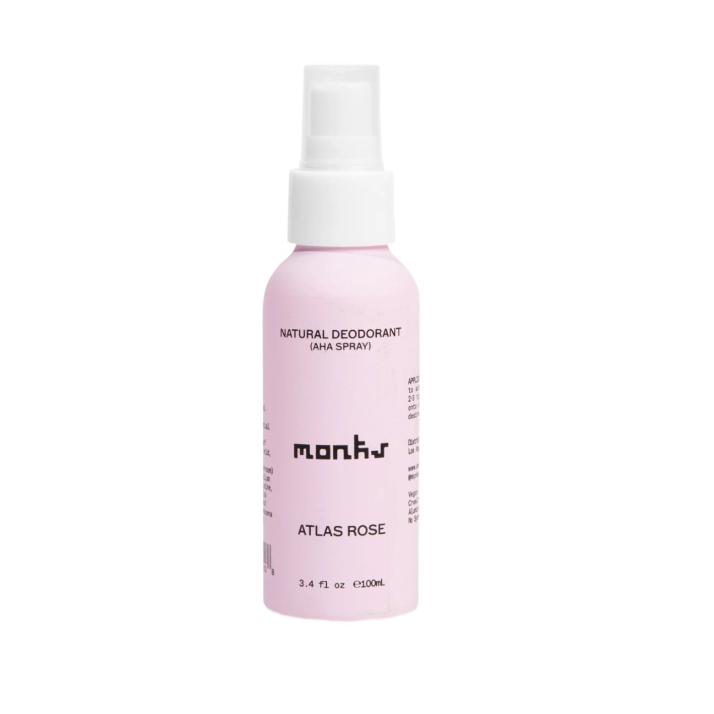 Monks Atlas Rose AHA Spray bottle, a natural deodorant with Damask Rose and Atlas Cedar, enriched with AHA and probiotics for skin health
