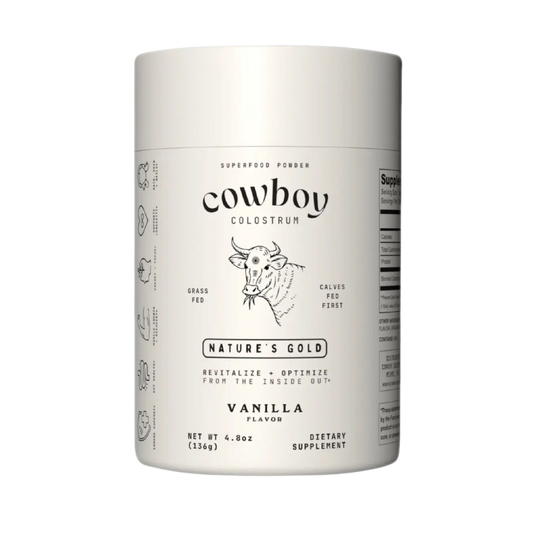 Colostrum's Nature's Gold: Vanilla, featuring ethically-sourced colostrum from U.S. grass-fed cows, organic vanilla, and monkfruit, highlighting benefits for immunity, muscle recovery, gut health, and skin